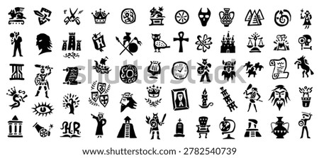  History of civilization vector icon set , isolated characters , objects, sign and symbol graphic silhouettes