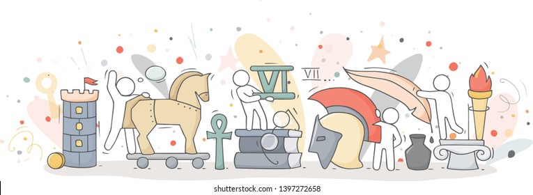 History class with studing little people. Doodle cute miniature of teamwork and ancient symbols. Hand drawn cartoon vector illustration for school subject design.