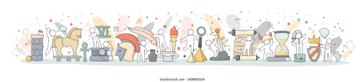 History class with studing little people. Doodle cute miniature of teamwork and ancient symbols. Hand drawn cartoon vector illustration for school subject design. - Shutterstock ID 1408858334