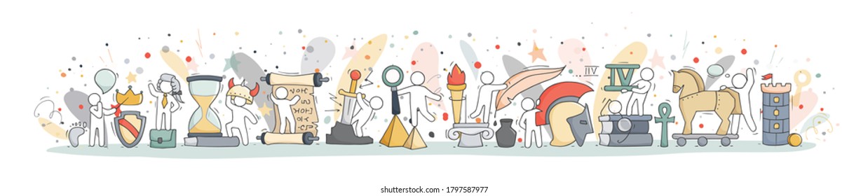 History class with studing little people. Doodle cute miniature of teamwork and ancient symbols. Hand drawn cartoon vector illustration for school subject design. - Shutterstock ID 1797587977
