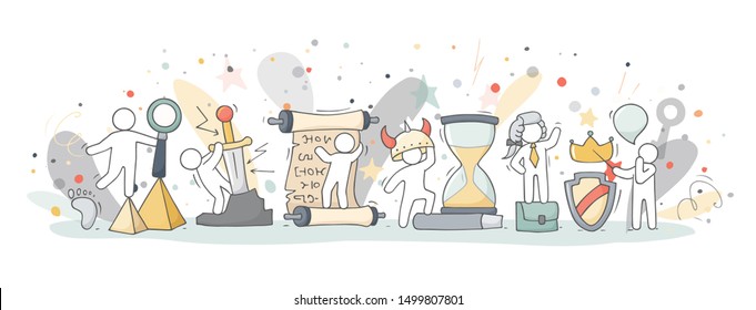 History class with studying little people. Doodle of cute miniature people and ancient symbols, teamwork concept. Hand drawn cartoon vector illustration for school subject design.