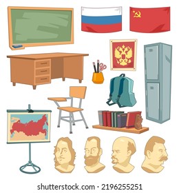 History Classroom Interior Cartoon Illustration Set. Desk, Chairs, Chalkboard, Shelf With Books, Backpack, Stationery, National Flags, Map And Portrait Sculptures. School, Equipment Concept