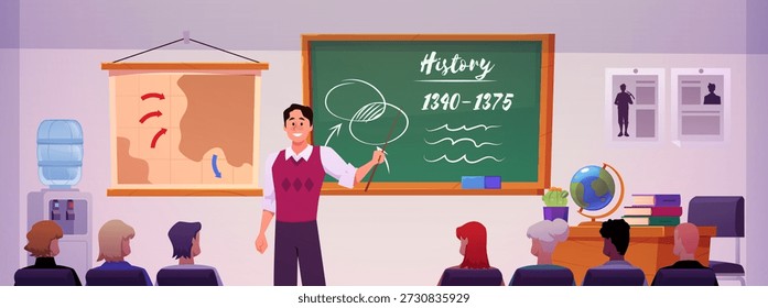Geschichte Klassenzimmer Interieur Vektor flache Illustration. Der Lehrer hält eine Vorlesung an der Tafel im Klassenzimmer mit Schülern. Cartoon historische Karte hängt an der Wand, Globus und Bücher auf dem Tisch