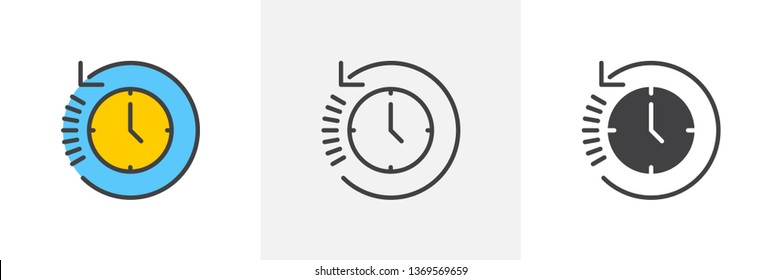 History, clock with arrow around icon. Line, glyph and filled outline colorful version, time back outline and filled vector sign. Symbol, logo illustration. Different style icons set. Vector graphics