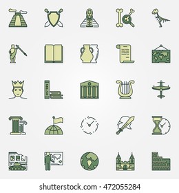 History colorful icons. Vector set of different history educational symbols