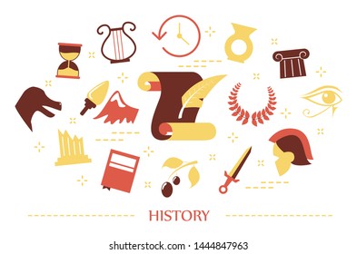 History concept. Idea of education and learning. Antique greece and roman culture. Collection of colorful icons. Isolated flat vector illustration