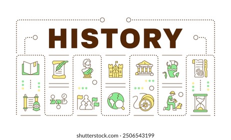 History concept on white. School subject. Archeology. Ancient times. Academic discipline. Creative illustration banner surrounded by editable line colorful icons