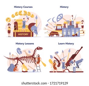 History concept set. History school subject. Idea of science and education. Knowledge of past and ancient. Isolated vector illustration in flat style