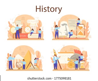 History concept set. History school subject. Idea of science and education. Knowledge of past and ancient. Isolated vector illustration in flat style