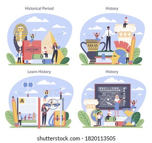 History concept set. History school subject. Idea of science and education. Knowledge of past and ancient. Isolated vector illustration in flat style