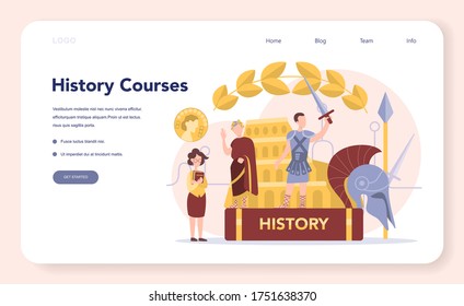 History concept web banner or landing page. History school subject. Idea of science and education. Knowledge of past and ancient. Isolated vector illustration in flat style