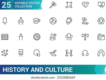 History And Culture line icons collection. web UI icons set in a flat design. Thin outline editable stroke icon set, Pixel perfect, vector illustration.