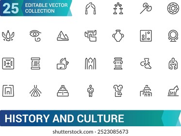 History And Culture line icons collection. web UI icons set in a flat design. Thin outline editable stroke icon set, Pixel perfect, vector illustration.