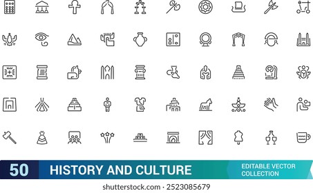 History And Culture line icons collection. web UI icons set in a flat design. Thin outline editable stroke icon set, Pixel perfect, vector illustration.