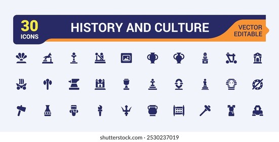 History and culture solid icons set. Collection of museum, culture, pen, construction and more. Filled icons cack. Editable and pixel perfect symbol bundel. Vector illustration.