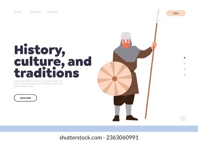 History, culture and tradition landing page design template with medieval warrior character