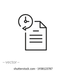 history document icon, list order payment or hour purchase, clock with paper checklist, note information, thin line symbol on white background - editable stroke vector eps10