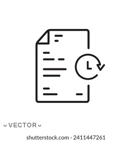 history document icon, list order payment or hour purchase, clock with paper checklist, note information, thin line symbol isolated on white background, editable stroke eps 10 vector illustration