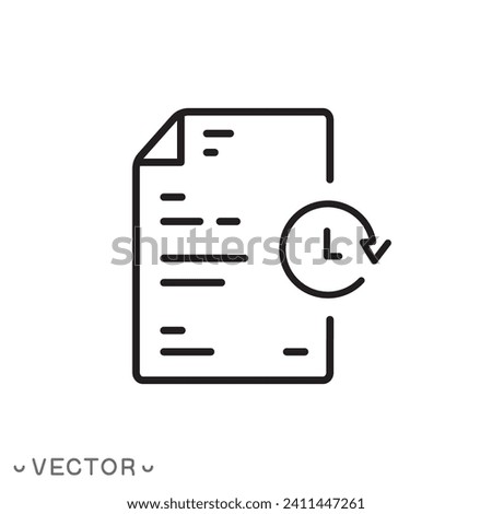 history document icon, list order payment or hour purchase, clock with paper checklist, note information, thin line symbol isolated on white background, editable stroke eps 10 vector illustration
