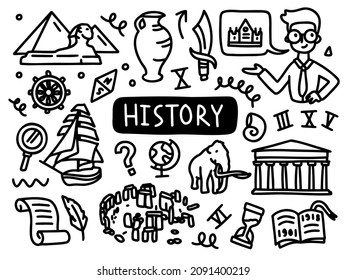 History doodle line set school university. Outline subject. Vector illustration