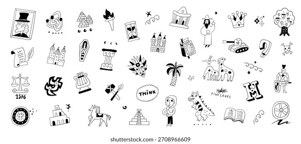 
 History doodles hand drawn objects and characters for kids education , isolated vector elements