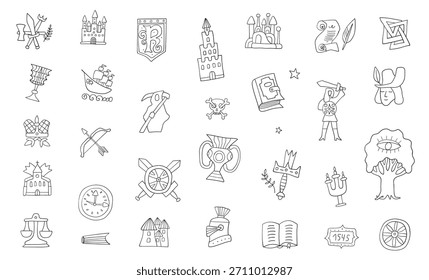 Historia garabatos dibujados a mano objetos y personajes para la educación de los niños, Elementos de Vector aislados