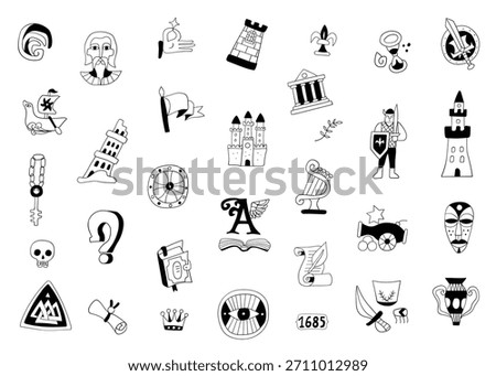 History doodles hand drawn objects and characters for kids education , isolated vector elements