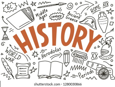 History Doodles With Lettering On White Background.