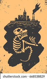 history of earth vector illustration. dinosaur skeleton fossil buried under city with modern buildings and industrial plant
