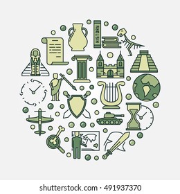 History education round symbol. Vector circular educational concept sign made with green history icons