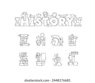 History education, school subject. History class icons with books, ancient documents, scroll and feather. Cute doodle men learning school lessons, vector hand drawn illustration