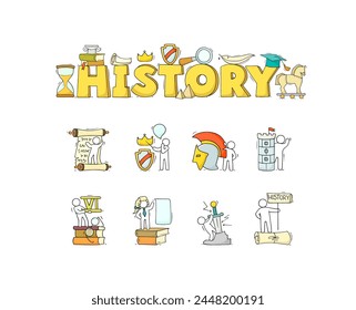 History education, school subject. History class icons with books, ancient documents, scroll and feather. Cute doodle men learning school lessons, vector hand drawn illustration