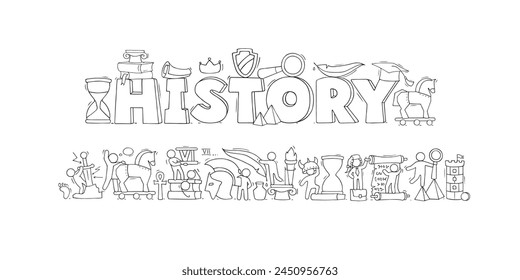 History education, school subject. History class banner with books, ancient documents, scroll and feather. Cute doodle men learning school lesson, vector hand drawn illustration