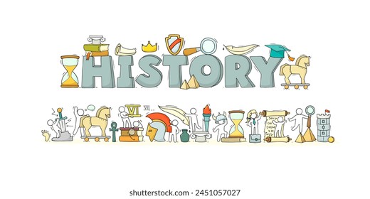 History education, school subject. History class banner with books, ancient documents, scroll and feather. Cute doodle men learning school lesson, vector hand drawn illustration