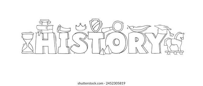 History education, school subject. History class banner with books, ancient documents, scroll and feather. Cute doodle concept - learning school lesson, vector hand drawn illustration