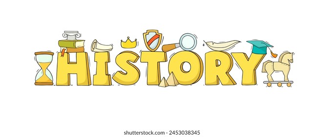 History education, school subject. History class banner with books, ancient documents, scroll and feather. Cute doodle concept - learning school lesson, vector hand drawn illustration