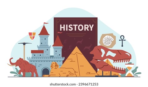 History elements composition. Time periods, elements of ancient civilizations, school subject, historical book, Egyptian pyramids, dinosaur bones, and castle, cartoon nowaday vector concept
