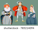 History of England. British historical figures drinking tea. Queen Elizabeth I, King Henry VIII, Queen Victoria. Vector illustration. 