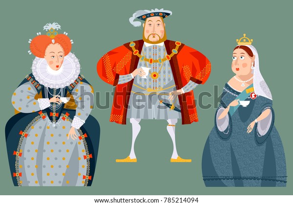 イギリス史 イギリスの歴史上の人物がお茶を飲んでいます エリザベス1世 ヘンリー8世 ビクトリア女王 ベクターイラスト のベクター画像素材 ロイヤリティフリー
