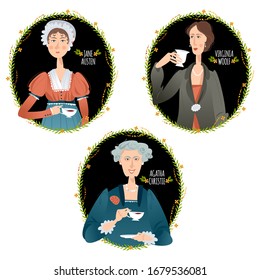 History of England. Famous English writers drinking tea. Jane Austen, Agatha Christie, Virginia Woolf. Vector illustration. 