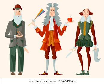 History of England. Famous people. William Shakespeare, Isaac Newton, Charles Darwin. Vector illustration. 