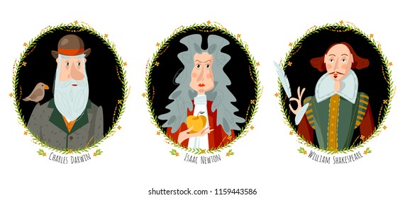 History of England. Portraits of famous people. William Shakespeare, Isaac Newton, Charles Darwin. Vector illustration. 