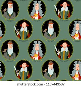 History of England. Portraits of famous people. William Shakespeare, Isaac Newton, Charles Darwin. Seamless background pattern. Vector illustration 