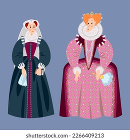 History of England. Queen Elizabeth I, Queen of England and Ireland.  Mary I Stuart, Queen of Scots. Vector illustration

