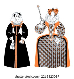 History of England. Queen Elizabeth I, Queen of England and Ireland.  Mary I Stuart, Queen of Scots. Vector illustration

