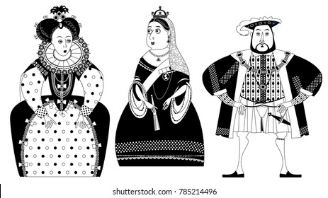 History of England. Queen Elizabeth I, King Henry VIII, Queen Victoria. Black and white. Vector illustration.