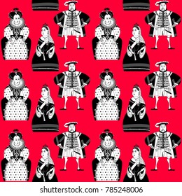 History of England. Queen Elizabeth I, King Henry VIII, Queen Victoria. Black and white. Vector illustration. 