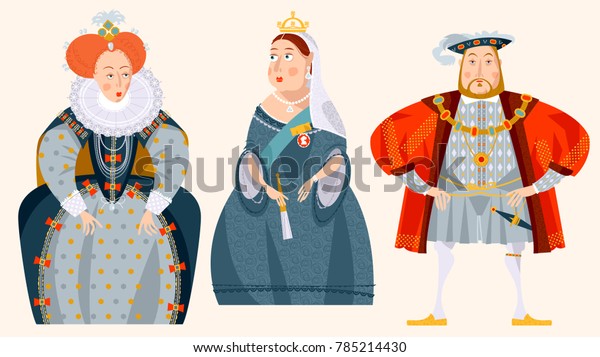 History of England. Queen Elizabeth\
I, King Henry VIII, Queen Victoria. Vector\
illustration.