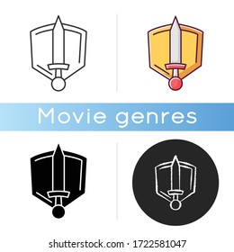 History epic icon. Linear black and RGB color styles. Common movie genre, filmmaking category. Medieval action adventure, fantasy fiction. Sword and shield isolated vector illustrations