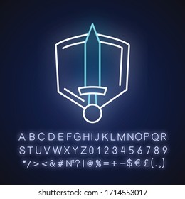 History epic neon light icon. Outer glowing effect. Sign with alphabet, numbers and symbols. Common movie genre, filmmaking category. Sword and shield vector isolated RGB color illustration